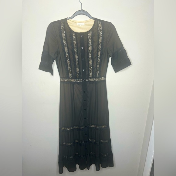 bohme Dresses & Skirts - Bohme Lace Sheer Short Sleeved Midi Button Up Ruffle Black Lined Nude Dress S